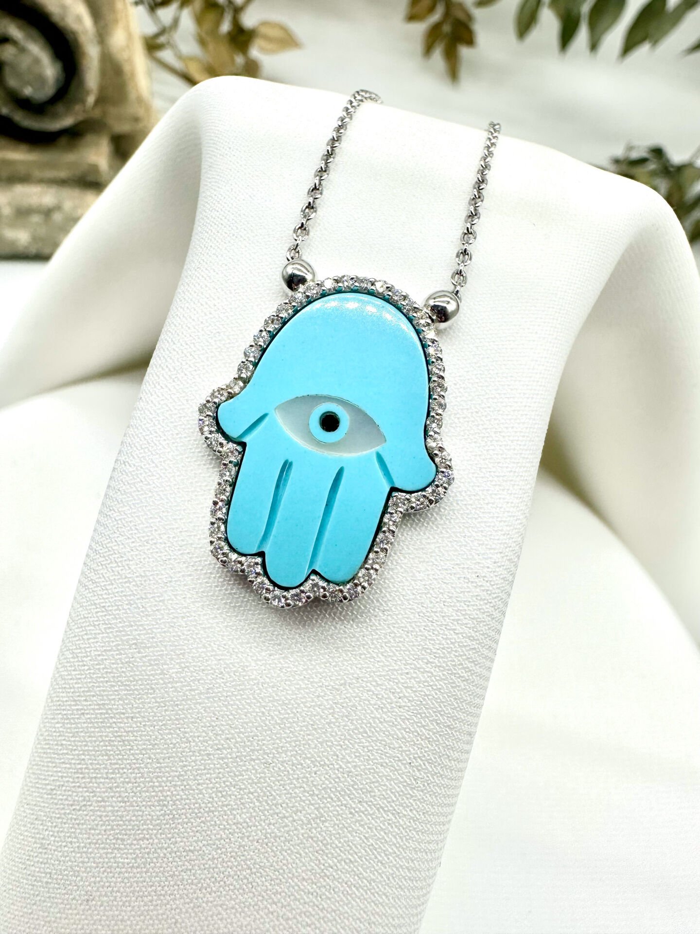 Hamsa Pırlantalı Firuze Kolye