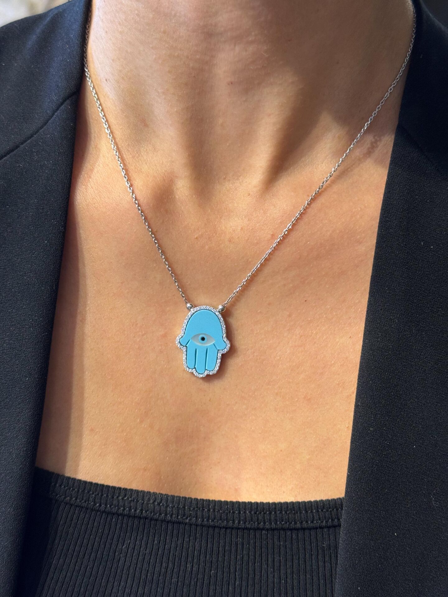 Hamsa Pırlantalı Firuze Kolye